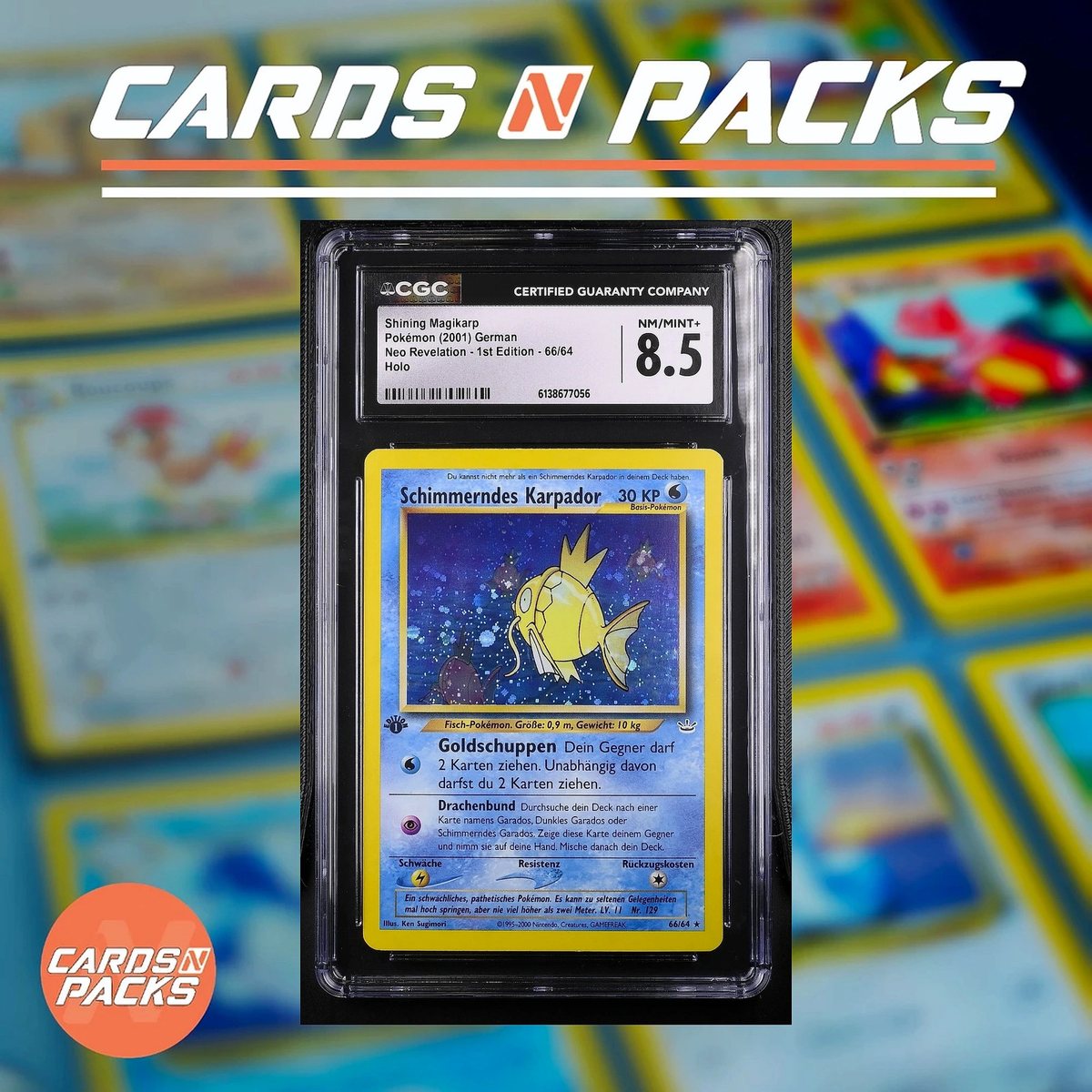 Carte Pokemon Schimmerndes Karpador 66/64 DE Holo 1st Edition CGC 8.5 – Zdjęcie 1